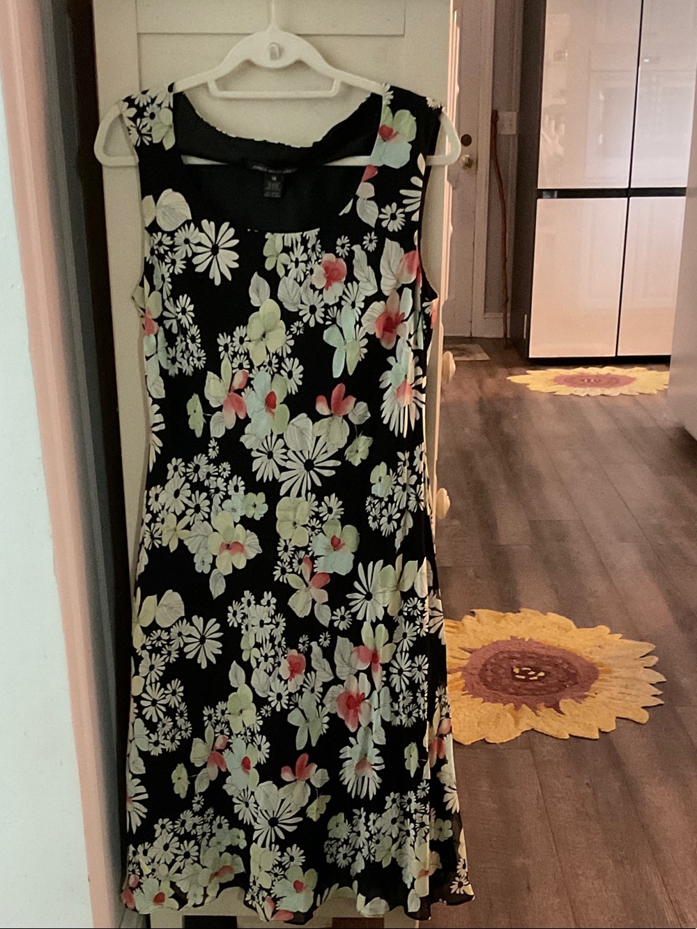 Jones Wear Black Floral Sleeveless Dress with Pastel Green and Coral Accents